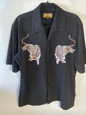 Vintage Dragonfly Tiger Shirt, XL, Stunning Black With Embroidered Tigers - Imagem 1 de 4