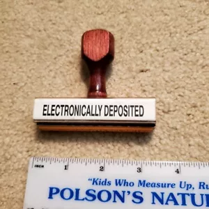 Vintage Office Rubber Stamp Wood Handle "Electronically Deposited" phrase unused - Picture 1 of 2