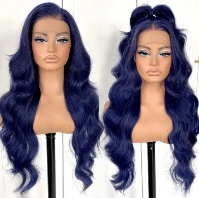 Peluca larga ondulada azul oscuro 100 % cabello humano parte en T encaje pelucas delanteras sin pegamento Foto 1 de 4