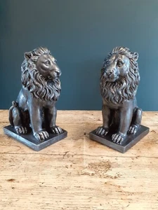 Stone Garden Lion Statues Ornaments Metallic Silver Indoor Outdoor Frostproof - Picture 1 of 6