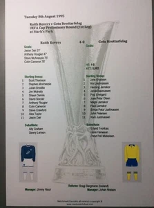 1995-96 Raith Rovers v Gotu Itrottarfelag UEFA Cup Matchsheet - Picture 1 of 1