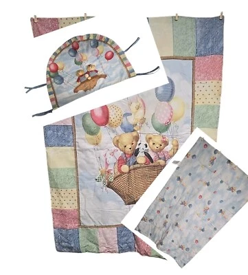 Cesta globo oso de peluche azul Jean hecha a mano cuna edredón niña niño conjunto de 3 piezas Foto 1 de 4