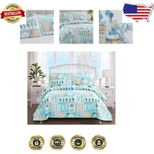 Reversible Twin Coastal Quilt Set - Ocean Seashell & Seahorse Design with Shams - Picture 1 of 9