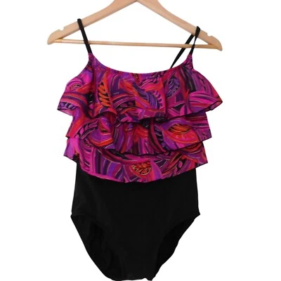 Traje de baño Robbie Len con volantes en capas negro tropical adelgazante control abdominal 12 Foto 1 de 4