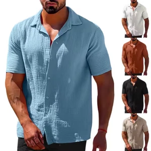 Mens Cotton Linen Shirts Summer Loose Buttons Short Sleeve Casual Club Polo - Picture 1 of 8