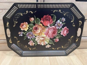 Bandeja Tole Grande Pintada a Mano De Colección Ramo Floral Reticulado Años 40 24 pulgadas X 17,5 pulgadas - Imagen 1 de 6