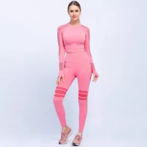 Luxswear Women's 2 Piece Workout Set Ribbed Crop Top High Waist Legging (S) Pink - Picture 1 of 6