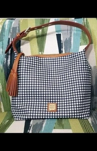 Dooney & Bourke Hobo-Schultertasche beschichtete Baumwolle Gingham marineblau Handtasche gebraucht - Bild 1 von 12
