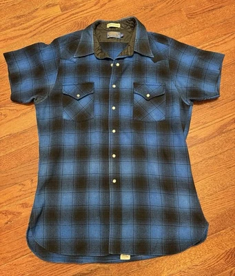 Vintage Pendleton Wool Blue Black Plaid Western shirt XL LONG pearl snap - Image 1 of 4