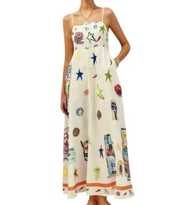 NWT Commense Maxi Dress Women’s XS 100% Cotton Resort School Pockets Novelty Art - Picture 1 of 14