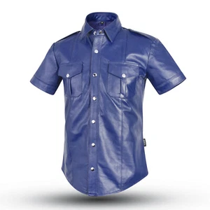aw-6651 Blaues lederhemd Slim fit leder hemd Echtleder Police leather shirt - Picture 1 of 3