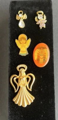 Angel Pins Set of 5 Gold Tone Enamel Clear Stones Religious Christian Spiritual - Image 1 of 4