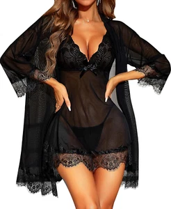 Lingerie Donna Sexy Babydoll in Pizzo Camicia Da Notte Set Di Pigiama Completo I - Foto 1 di 12