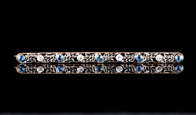 Broche prendedor barra zafiro azul diamante antiguo minero oro amarillo 14k vintage Foto 1 de 4