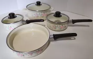 Pfaltzgraff Tea Rose Enamel Pots & Pans 4 Pieces Three Glass Lids Vintage Unused - Picture 1 of 10