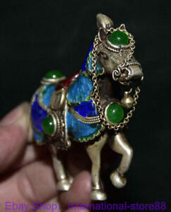 3.6" Old Chinese Cloisonne Silver inlay Green Jade Gem Hose Success Sculpture