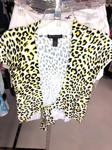 INC Women's Short Sleeve Animal Print Cardigan Sweater Yellow Sz S - Picture 1 of 4