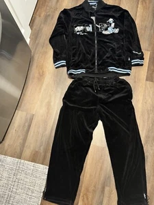 VINTAGE Raw Blue Velour Sweatsuit Adult XL Black Embroidered NYC 4EVER Keep On - Picture 1 of 9