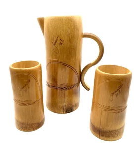 VTG 1980s Bamboo Tiki Style Pitcher 2 Cups/Tumblers Set Engraved Signed Jamaica - Picture 1 of 18