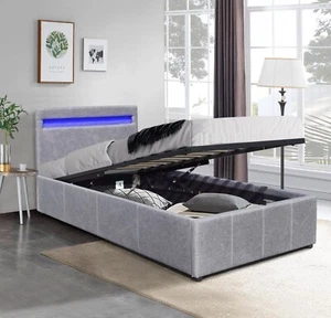 Fabric Modern Gas Lift Ottoman Bed Frame With LED 3ft 4ft 4ft6 5ft  - Picture 1 of 4