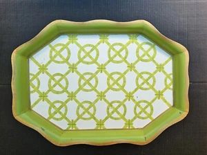 Vtg MCM Large Toleware Metal Serving Tray Lime Green White Gold - Picture 1 of 8