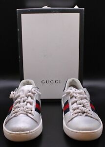 Kids Silver Gucci Ace Leather Sneakers, Size US 14, 100% Authentic 