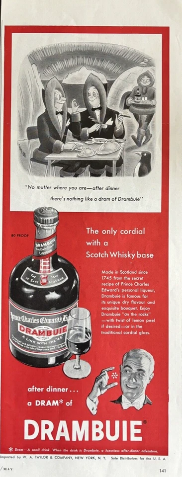 Licor Drambuie da década de 1950 Escócia cordial após o jantar príncipe Charles anúncio impresso vintage - Imagem 1 de 1