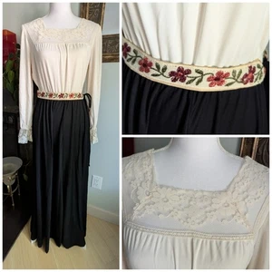 Vtg 60s/70s Maxi Dress S/M Lace Trim With Flower Belt Long Sleeve Cream Black - Picture 1 of 16