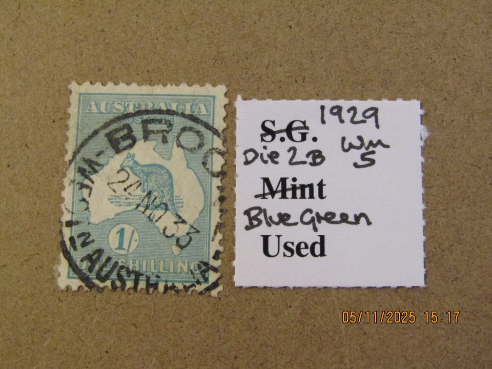 AUSTRALIA SG 109 KANGAROO 1/- BLUE GREEN DIE 2b WMK 5/SG No.7 WMK - Image 1 of 1