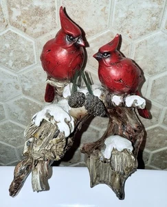 Gorgeous Cardinal Figurine 2 Red Christmas Cardinals Sitting on a Tree Branch - Picture 1 of 3