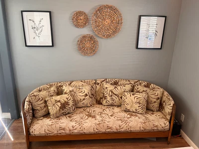 1980s Curved Barrel Shaped Spindle Back Solid Oak Wood Frame Sofa - Image 1 of 4