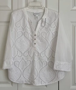 ALFRED DUNNER WOMEN'S SIZE LARGE WHITE COTTON NANTUCKET LACE SCROLL 3/4 SLEEVE - Picture 1 of 6