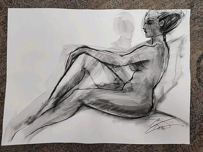 Figura feminina CRAMOLINI nua sentada desenho a carvão ARTE ORIGINAL não impressa - Imagem 1 de 4