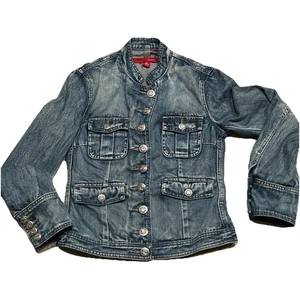 Armor Jeans Denim Jacket Silver Buttons Mandarin Collar Distressed Extra Small - Picture 1 of 6
