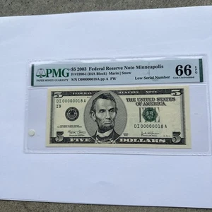 2003 $5 FEDERAL RESERVE NOTE MINNEAPOLIS FR#1990-I PMG CERT 66 EPQ LOW SERIAL 18 - Picture 1 of 2