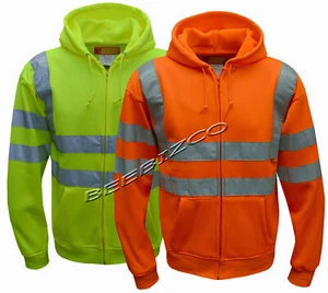 HI VIZ VIS Visibilidad Con Capucha Trabajo Reflectante Cremallera Lanza Sudadera Chaqueta S-5XL - Imagen 1 de 3