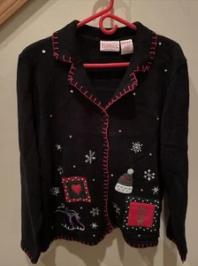 Basic Editions Embroidered Cardigan Sweater Holiday Extra Large Skates Snowman - Picture 1 of 7