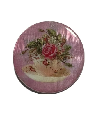 Tea Cup w/ Flowers Mother of Pearl MOP Pink Shank Button  1-3/8" Coffee  Cup - Image 1 of 4