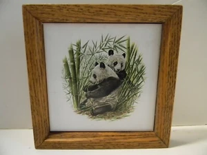 PANDAS IN BAMBOO PATCH CERAMIC TILE WITH WOOD FRAME - *NNB* - Picture 1 of 5