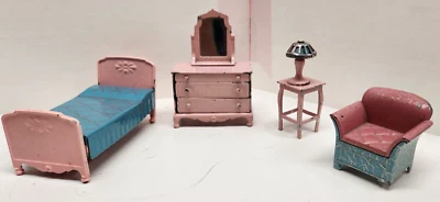 Lote de muebles de dormitorio vintage de metal Tootsie juguete rosa casa de muñecas casa de muñecas Foto 1 de 4