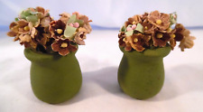 Vintage Doll House Miniature Accessories 2 Green Pots w/Silk Flower Bouquets