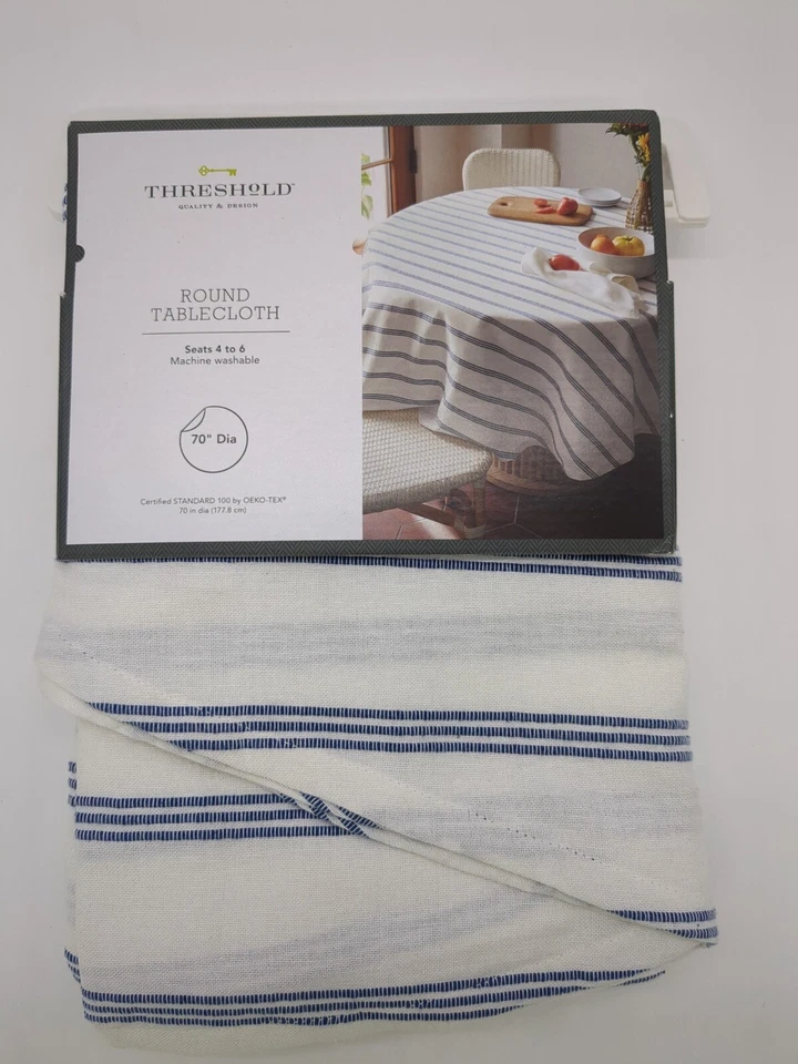 70" Cotton Striped Round Tablecloth Blue - Threshold - Image 1 of 1