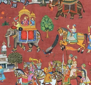 Jaipur Rusty Red Printed Cotton Fabric Palm Trees Horses Elephants Maharajah - Picture 1 of 8