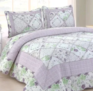 LOVELY PURPLE 3pc Queen QUILT SET : COTTAGE RUFFLED RAG LAVENDER ROSES GARDEN - Picture 1 of 3