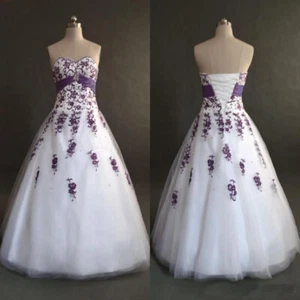 Gothic Wedding Dress Strapless White Purple Embroideried Full Length Bridal Gown - Picture 1 of 10