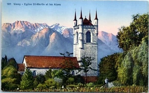 St. Martin Church and the Alps, Vevey, Switzerland Postcard - Picture 1 of 2