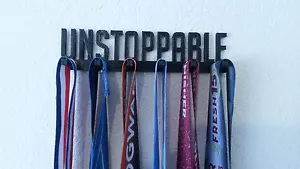 UNSTOPPABLE MEDAL SPORTS DISPLAY RACK HOLDER HANGER RACK ORGANIZER 13.1,10k,5k - Picture 1 of 7