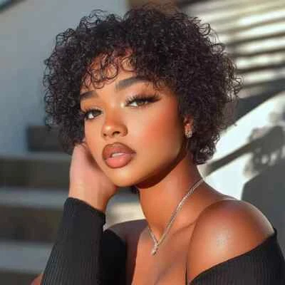 Pixie Short Afro Curly Bob Human Hair Wigs With Bangs For Women Brazilian Remy  - Image 1 of 4