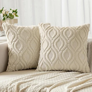 Beige Throw Pillow Covers 18X18 Inch, Soft Winter Plush Faux Wool Couch Pillow C - Picture 1 of 12