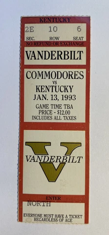 Vanderbilt Commodores vs Kentucky 1/13/93 NCAA College Basketball Ticket Stub Cover